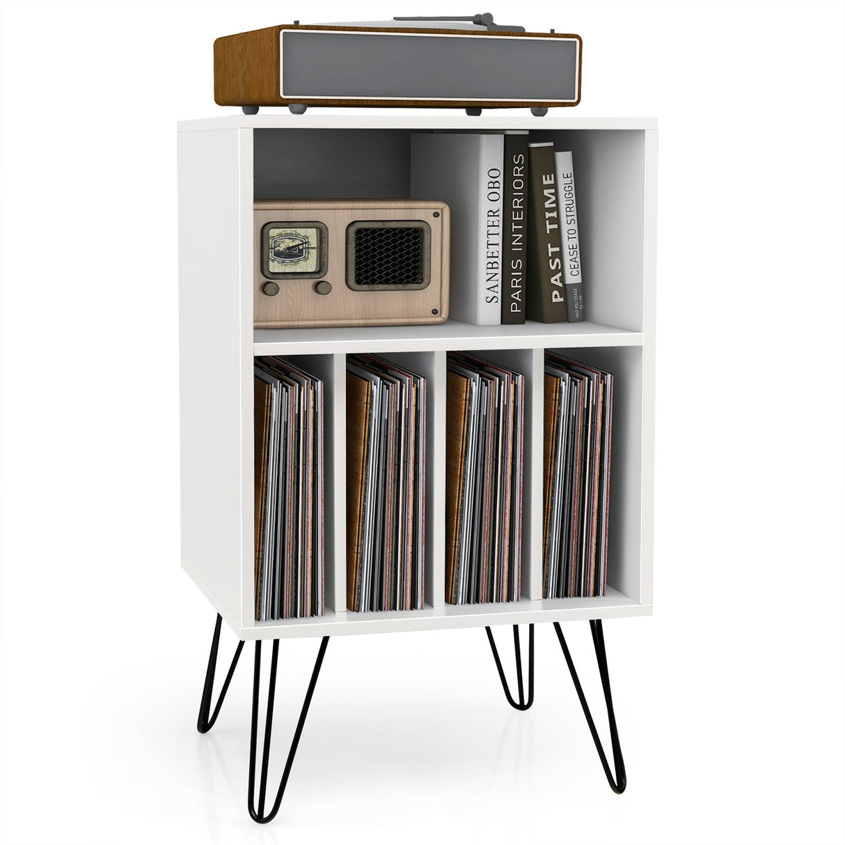 Mueble para tocadiscos independiente, armario para discos con patas de metal - blanco