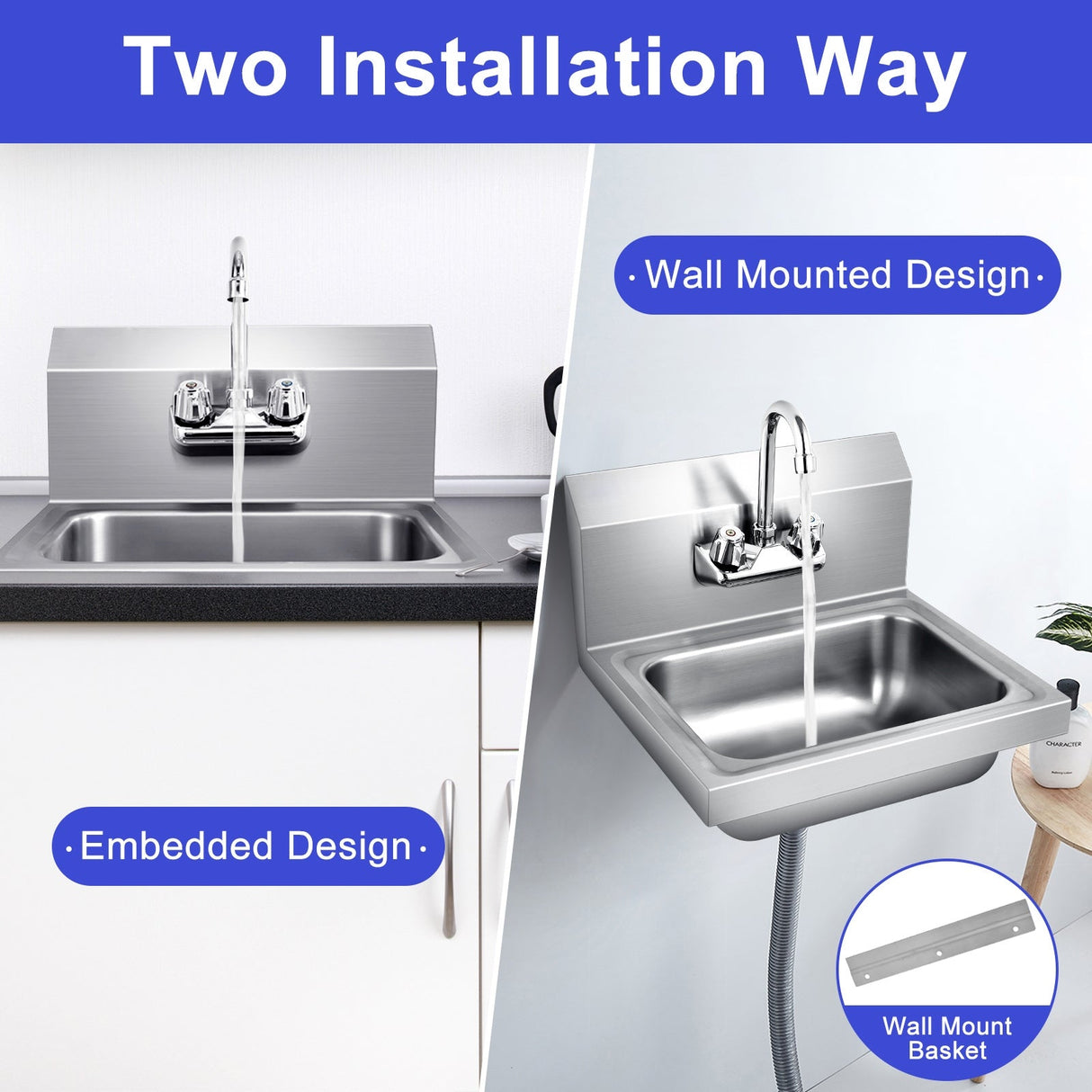 Fregadero de acero inoxidable de montaje en pared para lavarse las manos con grifo y salpicadero trasero