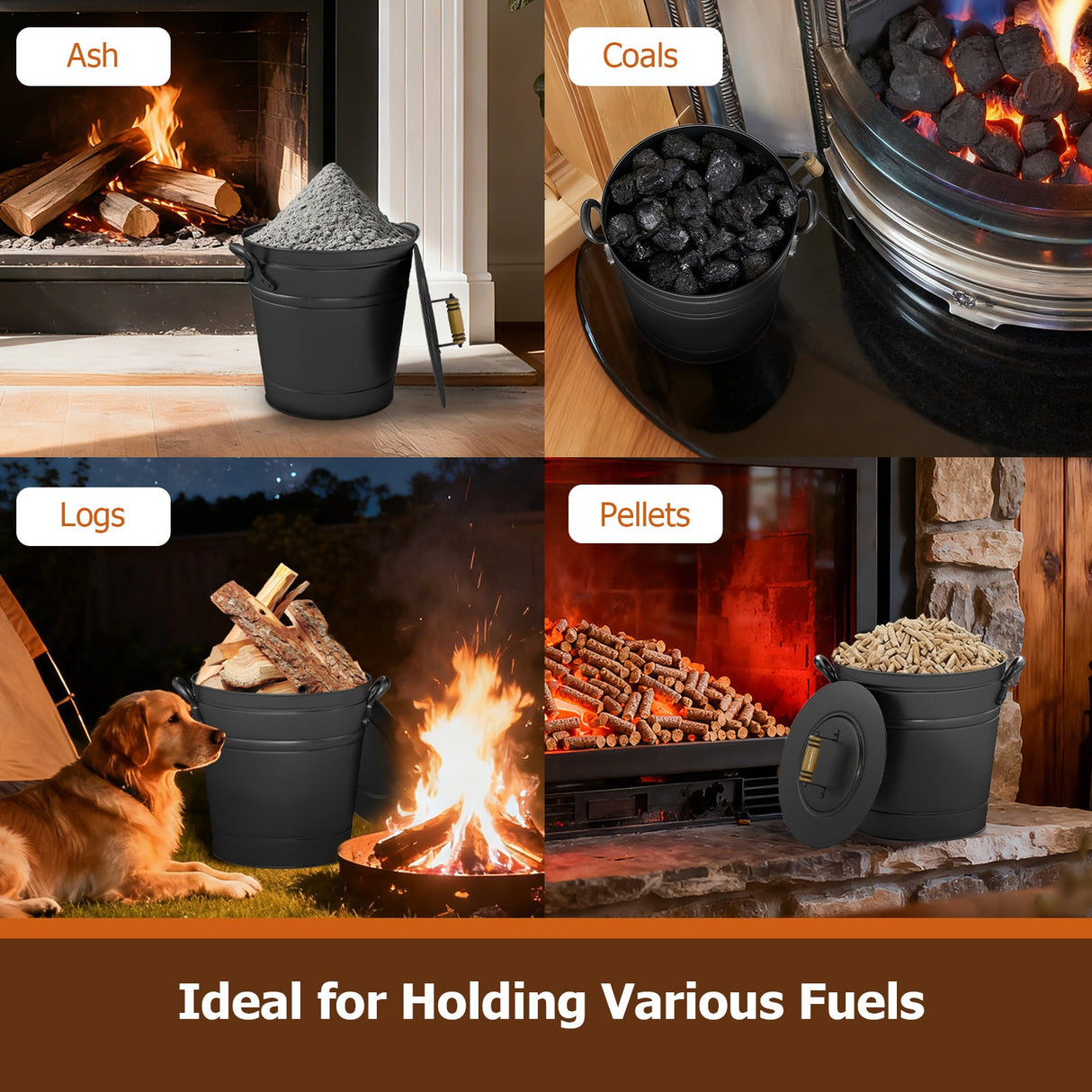 Cubo de metal para cenizas de carbón de 11 litros con tapa de madera y asas laterales para chimeneas y fogatas