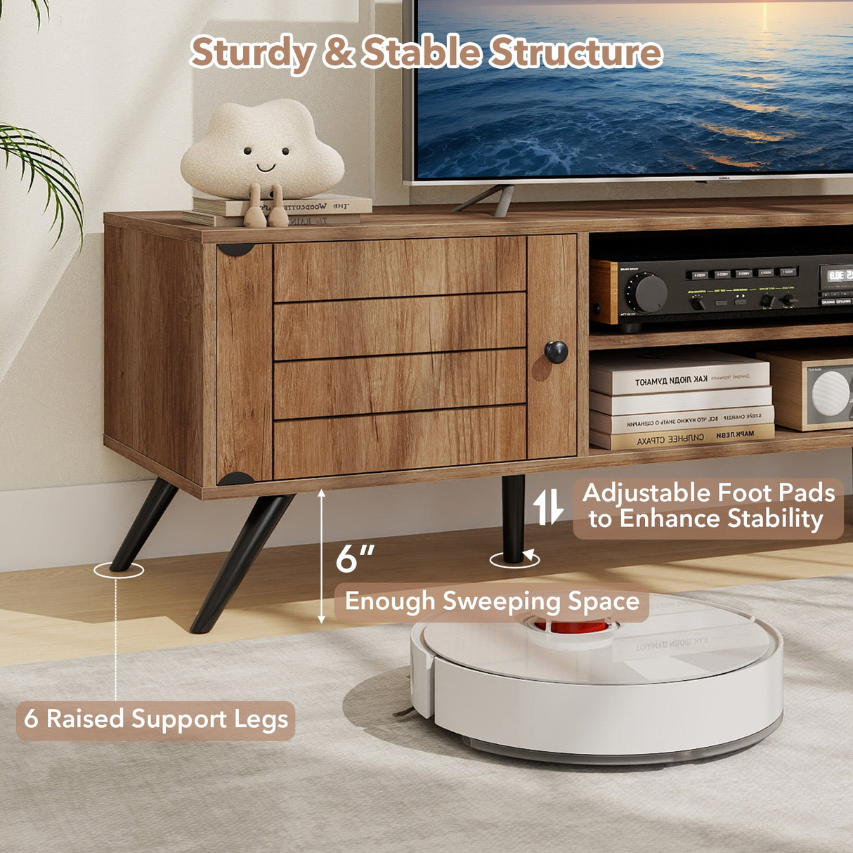 Mueble de TV de 2 puertas para televisores de hasta 65 pulgadas con estantes abiertos - Roble