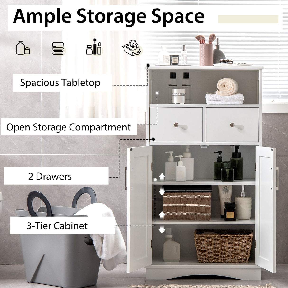 Mueble de baño de suelo independiente de 2 puertas con 2 cajones y estantes ajustables - Blanco