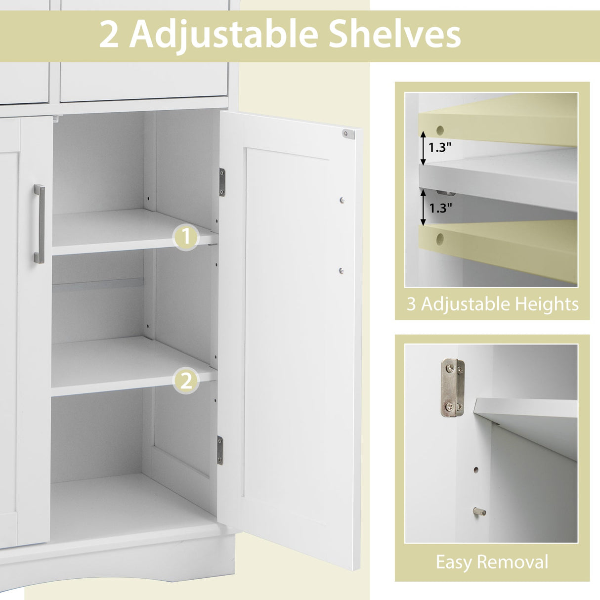 Mueble de baño de suelo independiente de 2 puertas con 2 cajones y estantes ajustables - Blanco