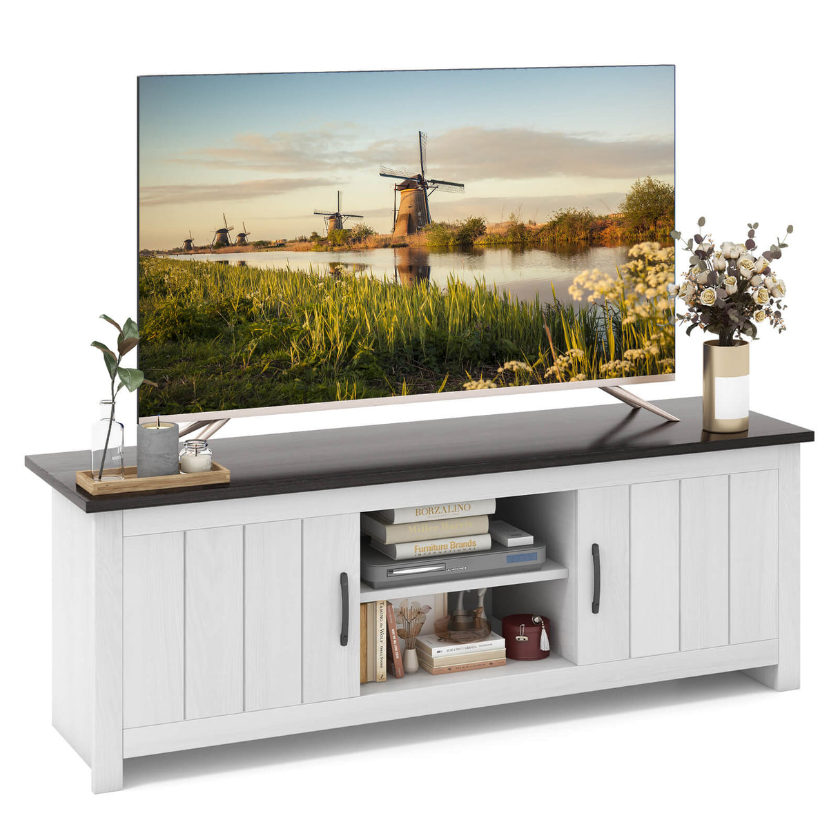 Mueble para TV con 2 armarios y estantes abiertos, para televisores de hasta 65 pulgadas