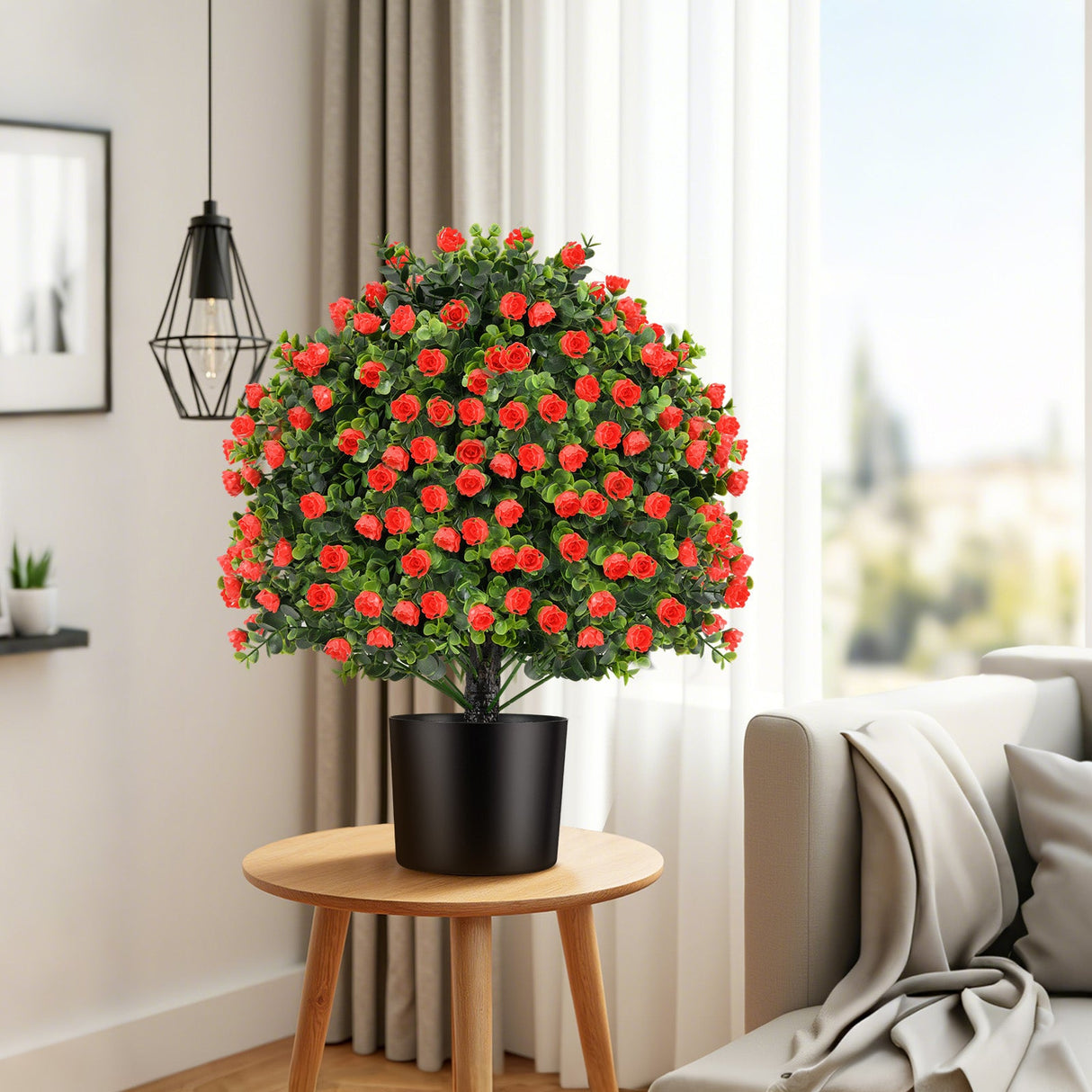 Paquete de 2 árboles de topiario de rosas artificiales, arbustos falsos con flores, rojos