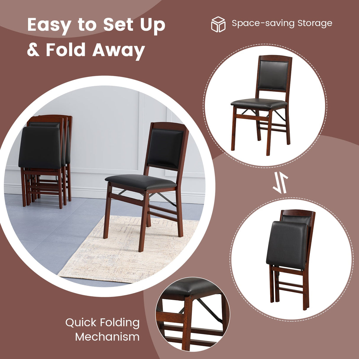 Juego de 2 sillas de comedor plegables con asiento acolchado y respaldo alto - Marrón
