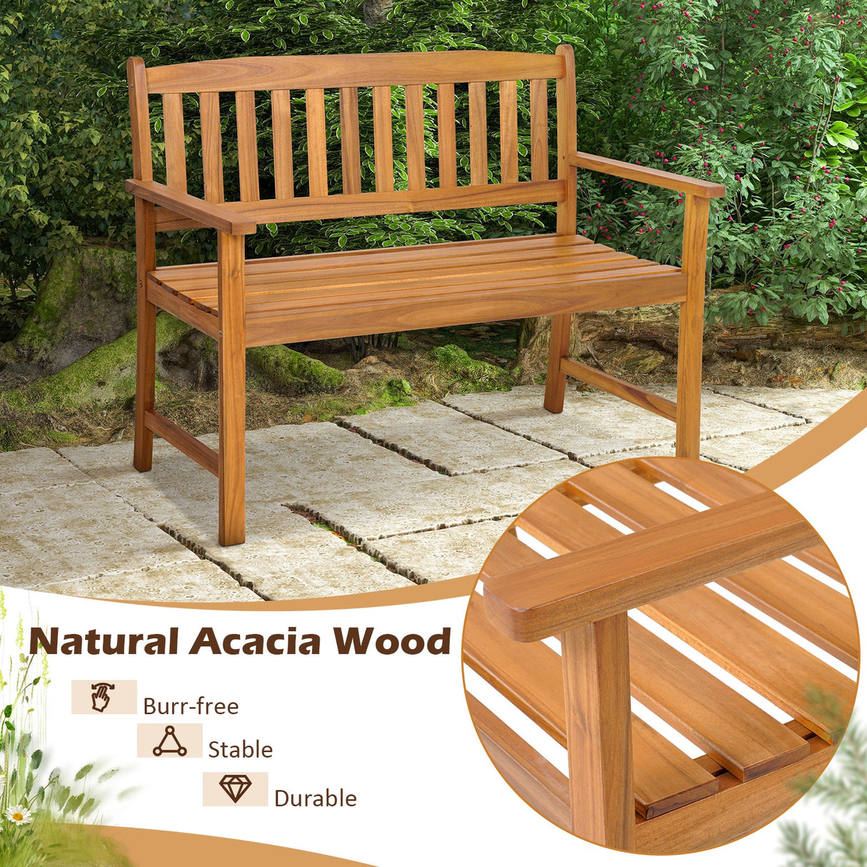 Banco de patio de madera de acacia para 2 personas con respaldo y reposabrazos