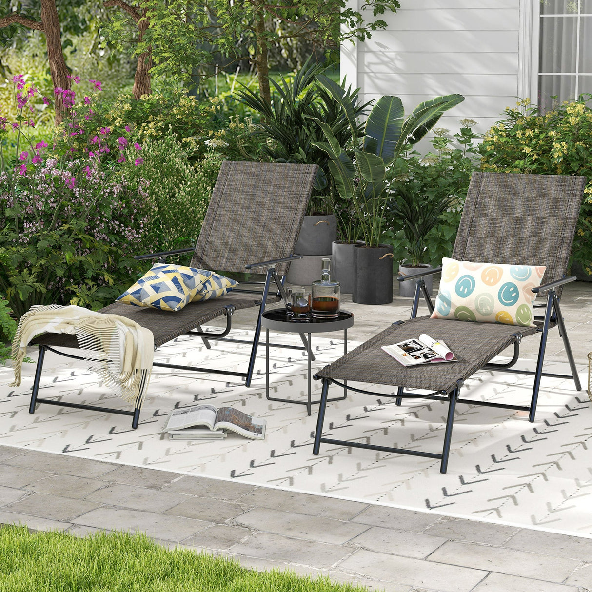 Tumbonas Plegables para Patio de 2 Piezas con Respaldo Reclinable de 6 Niveles