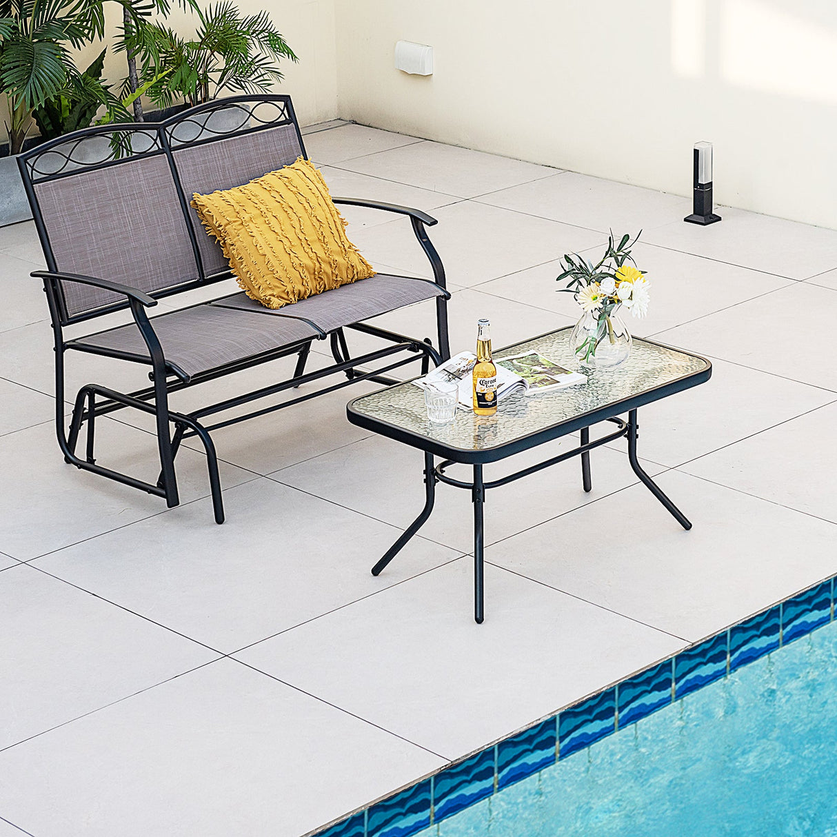 Sillón Loveseat Deslizante para Exteriores con Mesa de Centro de Cristal Templado - 2 Piezas