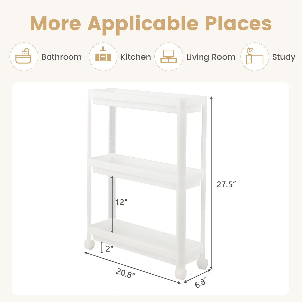 2 Pieces 3-Tier Slim Detachable Storage Cart with Drainage Holes and Wheels-White