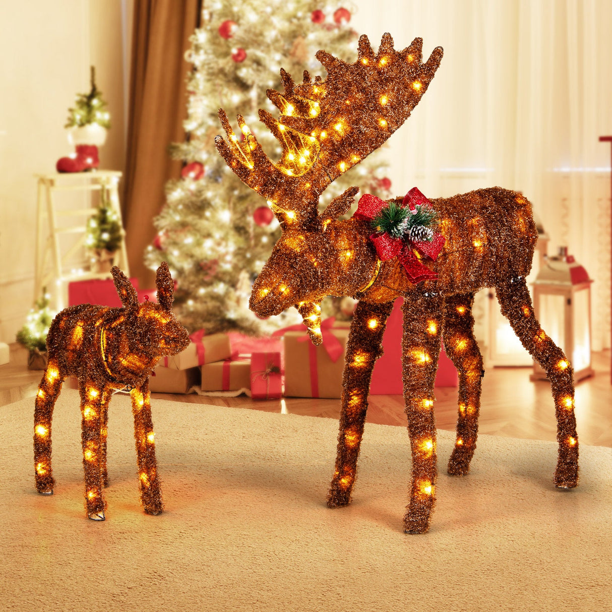 Familia de alces iluminados de 2 piezas con 170 luces LED y bridas