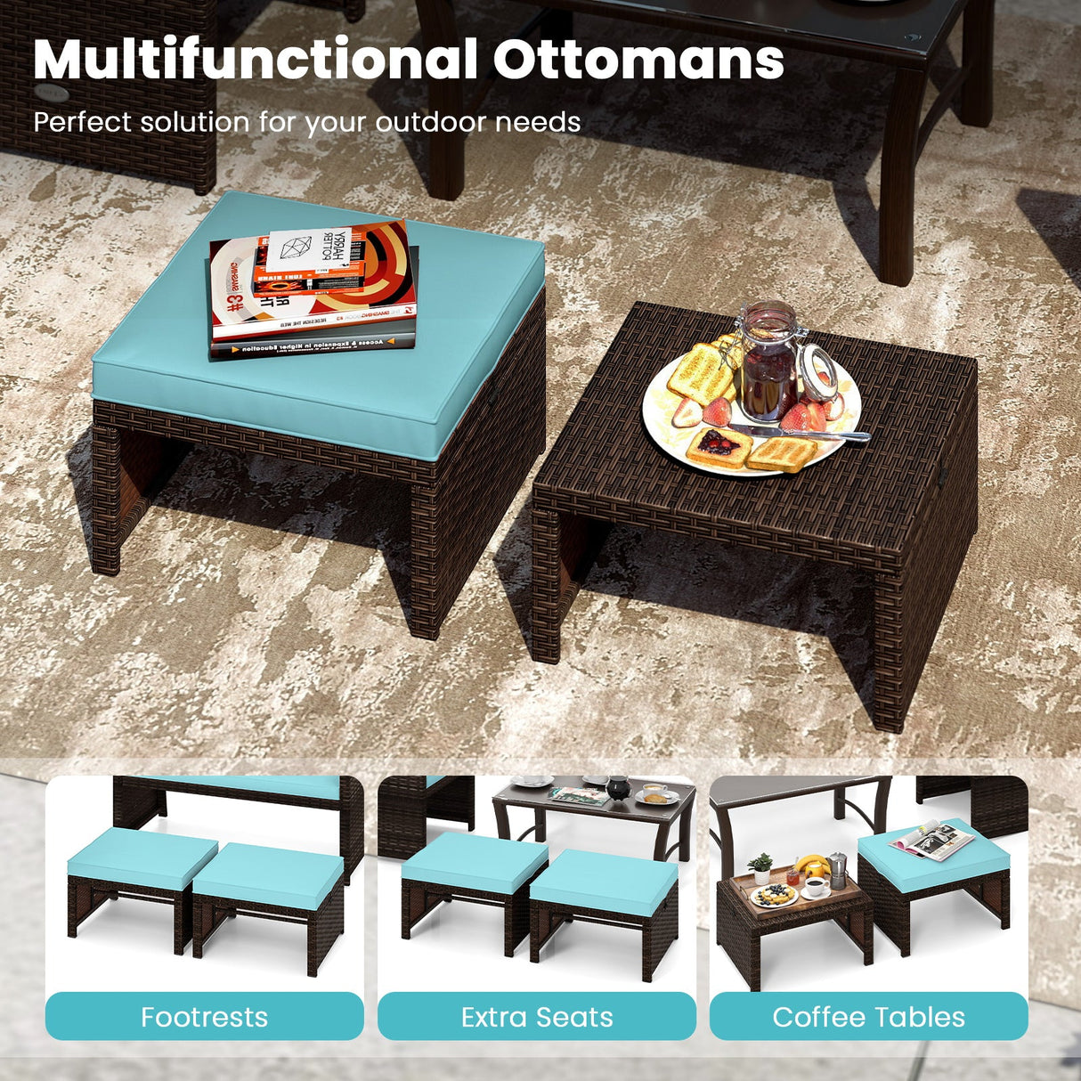Otomana/Puf Multiusos de Exterior de Ratan PE de 2 Piezas para Patio