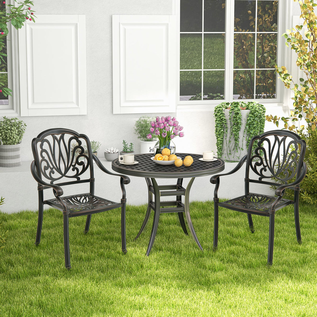 2 sillas de comedor de aluminio fundido para patio con reposabrazos - bronce