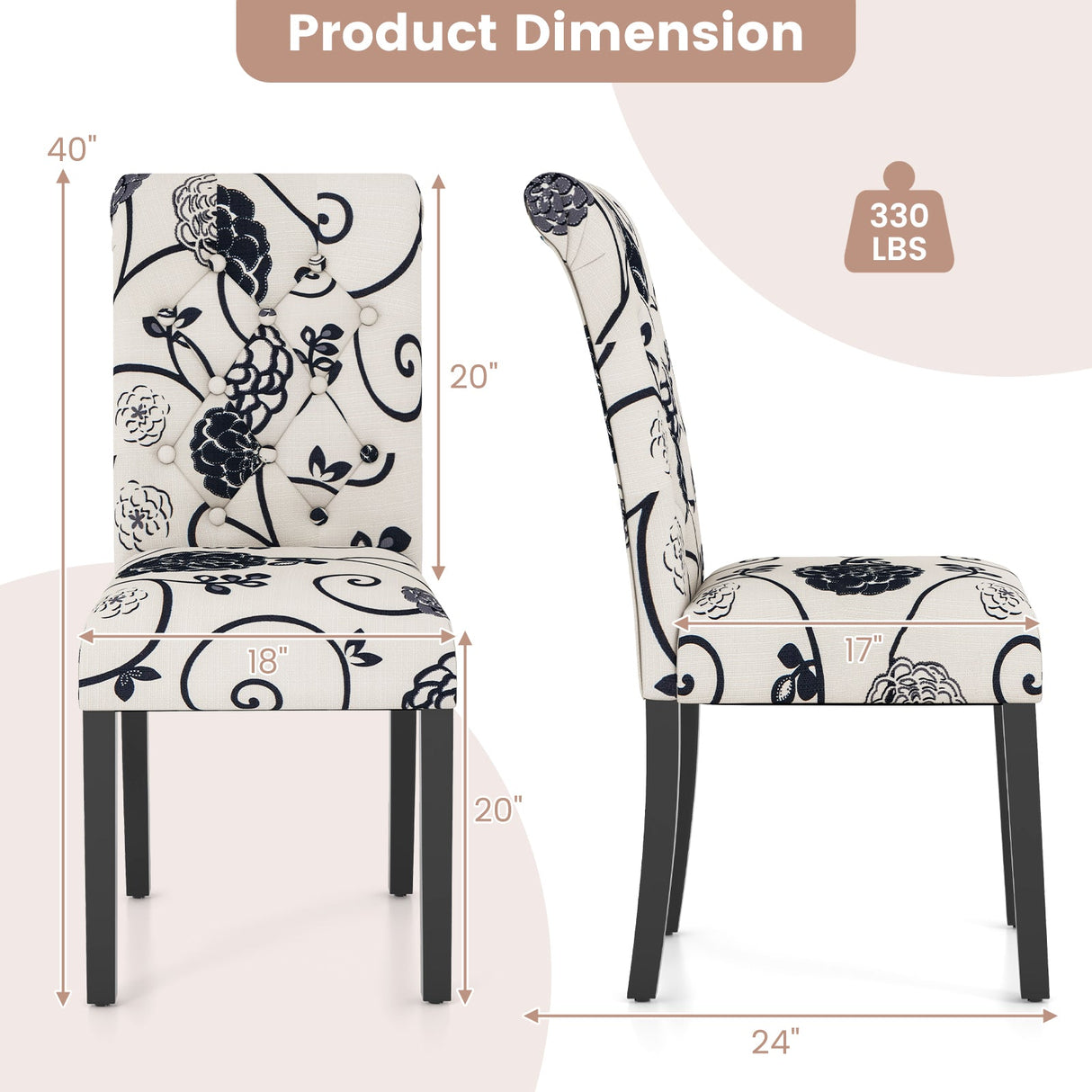 Juego de 2 sillas de comedor tapizadas con almohadillas antideslizantes ajustables