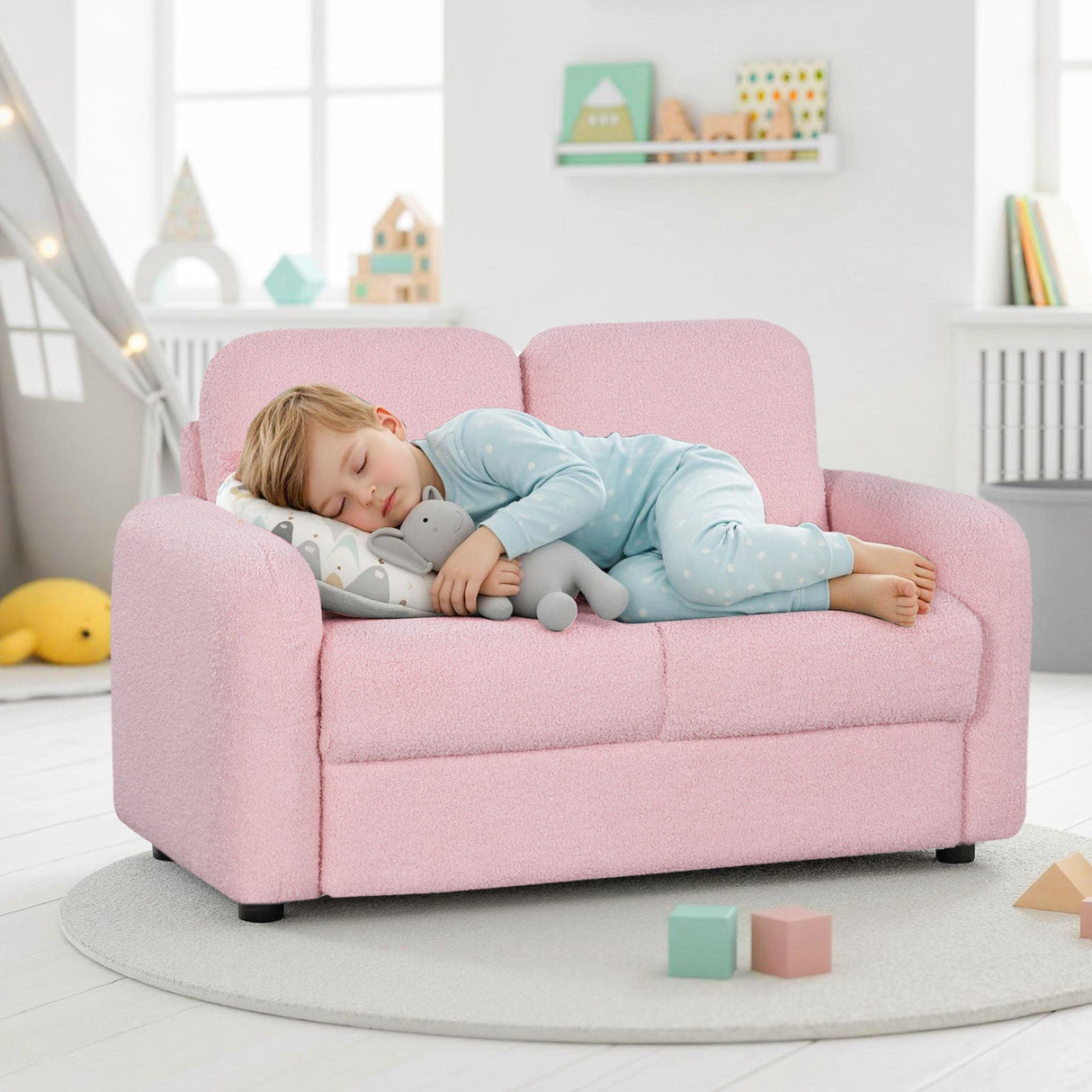 Sofá infantil de 2 plazas, sofá para niños pequeños con tapicería de vellón de borreguillo suave y estructura de madera maciza