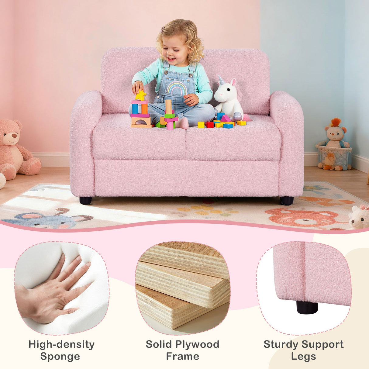 Sofá infantil de 2 plazas, sofá para niños pequeños con tapicería de vellón de borreguillo suave y estructura de madera maciza
