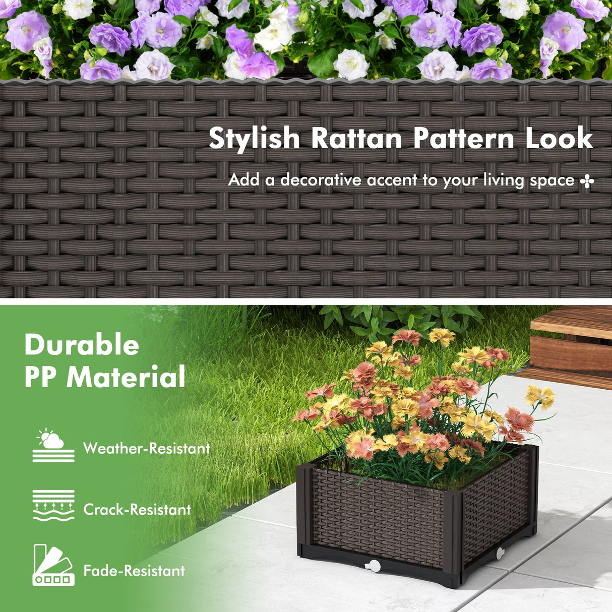 Kit de jardinera elevada de plástico para cultivo de flores y verduras, juego de 2 - Marrón