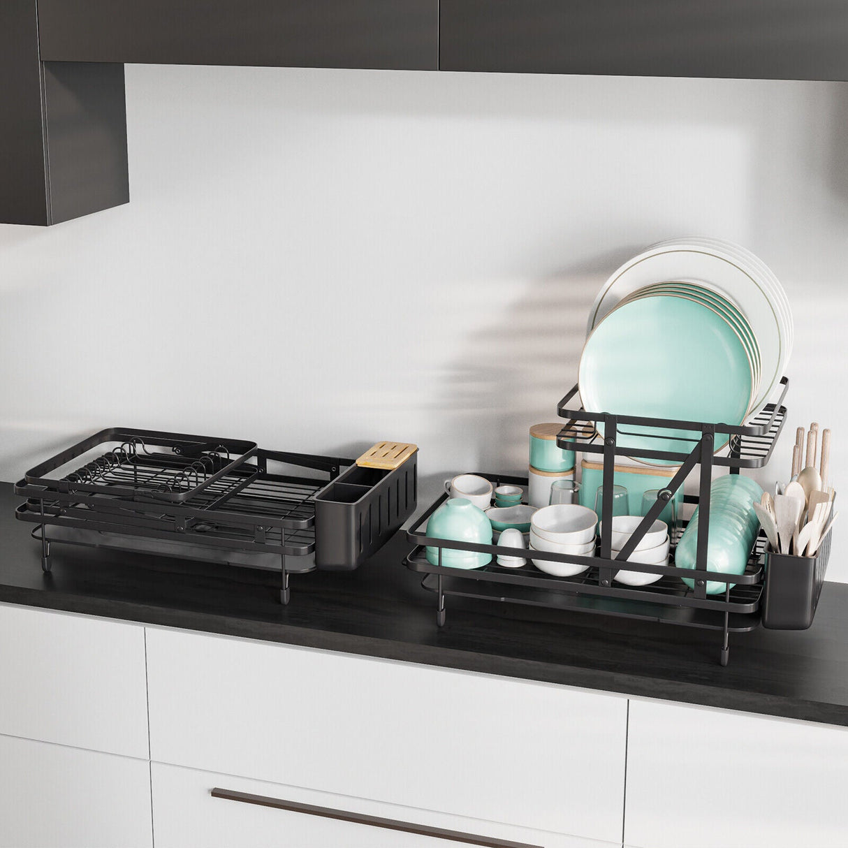 Escurridor de platos plegable de 2 niveles con bandeja de goteo extraíble