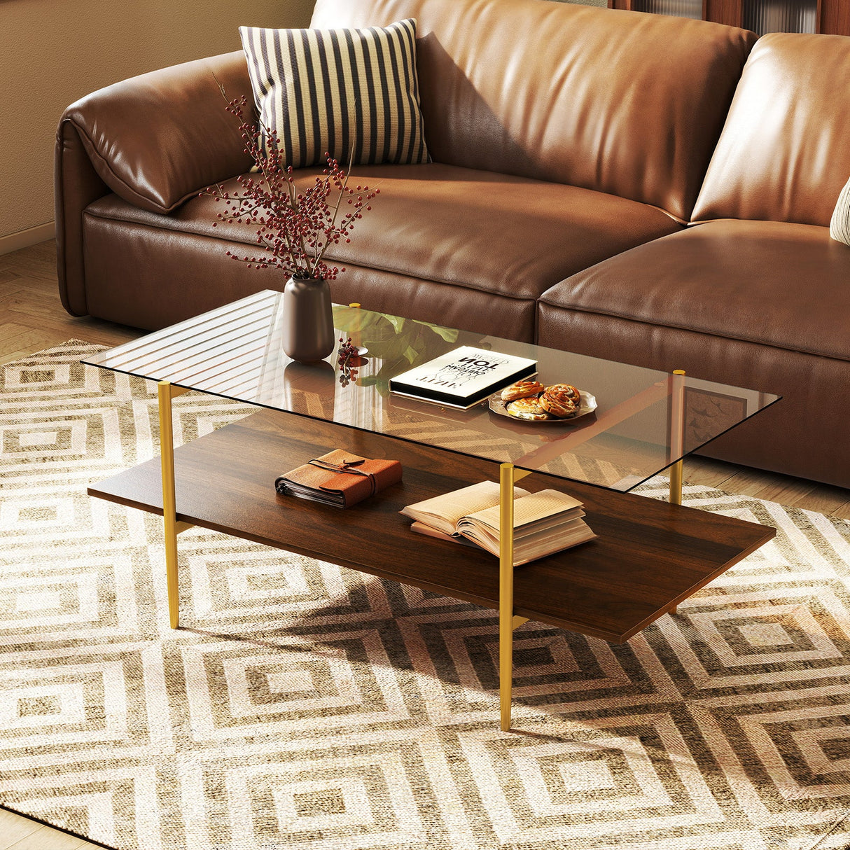 2-Tier Glass Coffee Table with Tampered Glass Tabletop and Open Storage Shelf-Brown