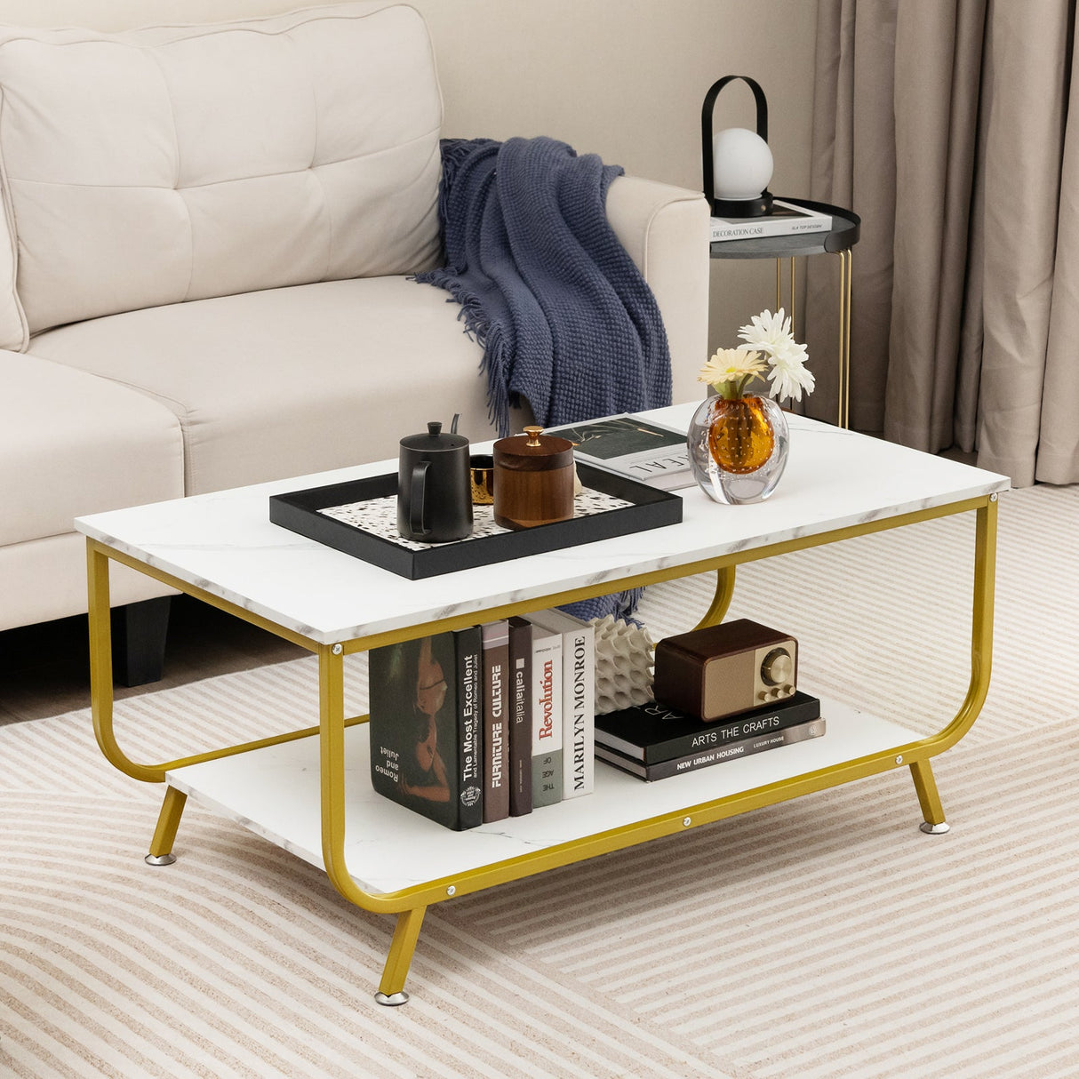 Mesa de centro rectangular de 2 niveles con tapa de imitación mármol y estructura metálica - Blanco