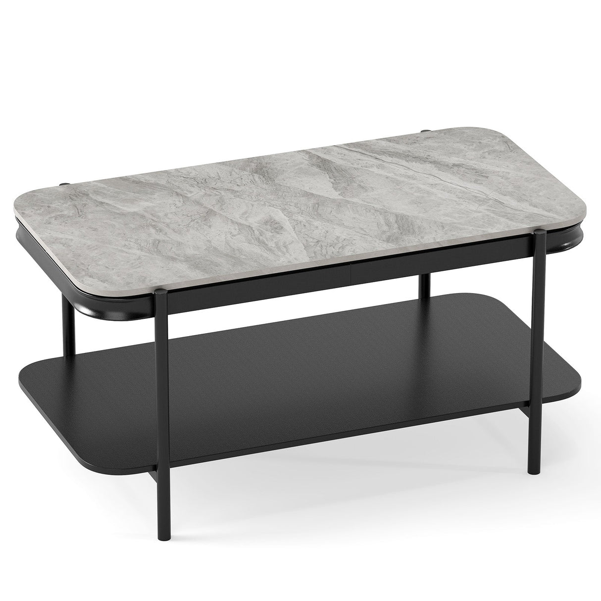 Mesa de centro rectangular moderna de 2 niveles con tapa de piedra sinterizada