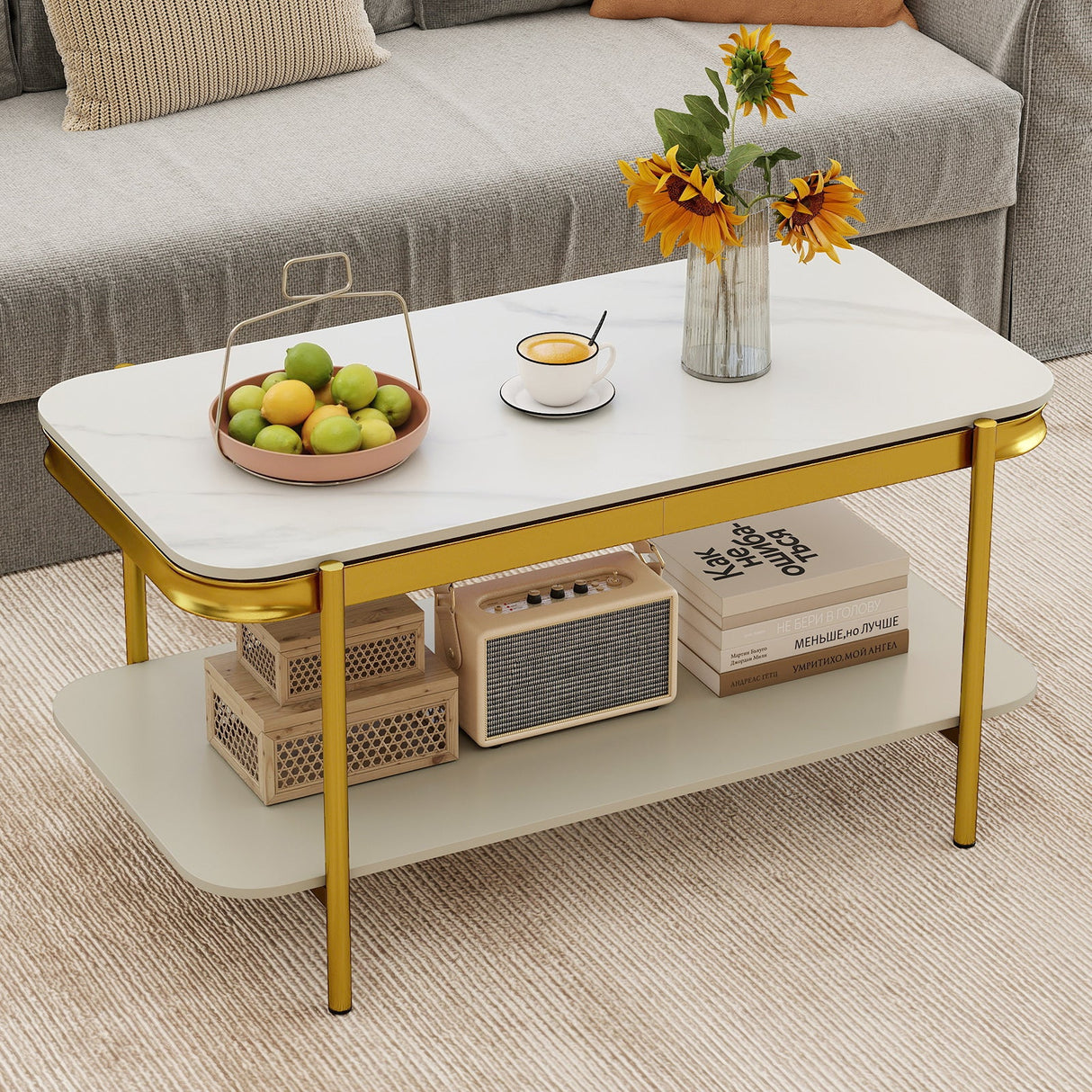 Mesa de centro rectangular moderna de 2 niveles con tapa de piedra sinterizada