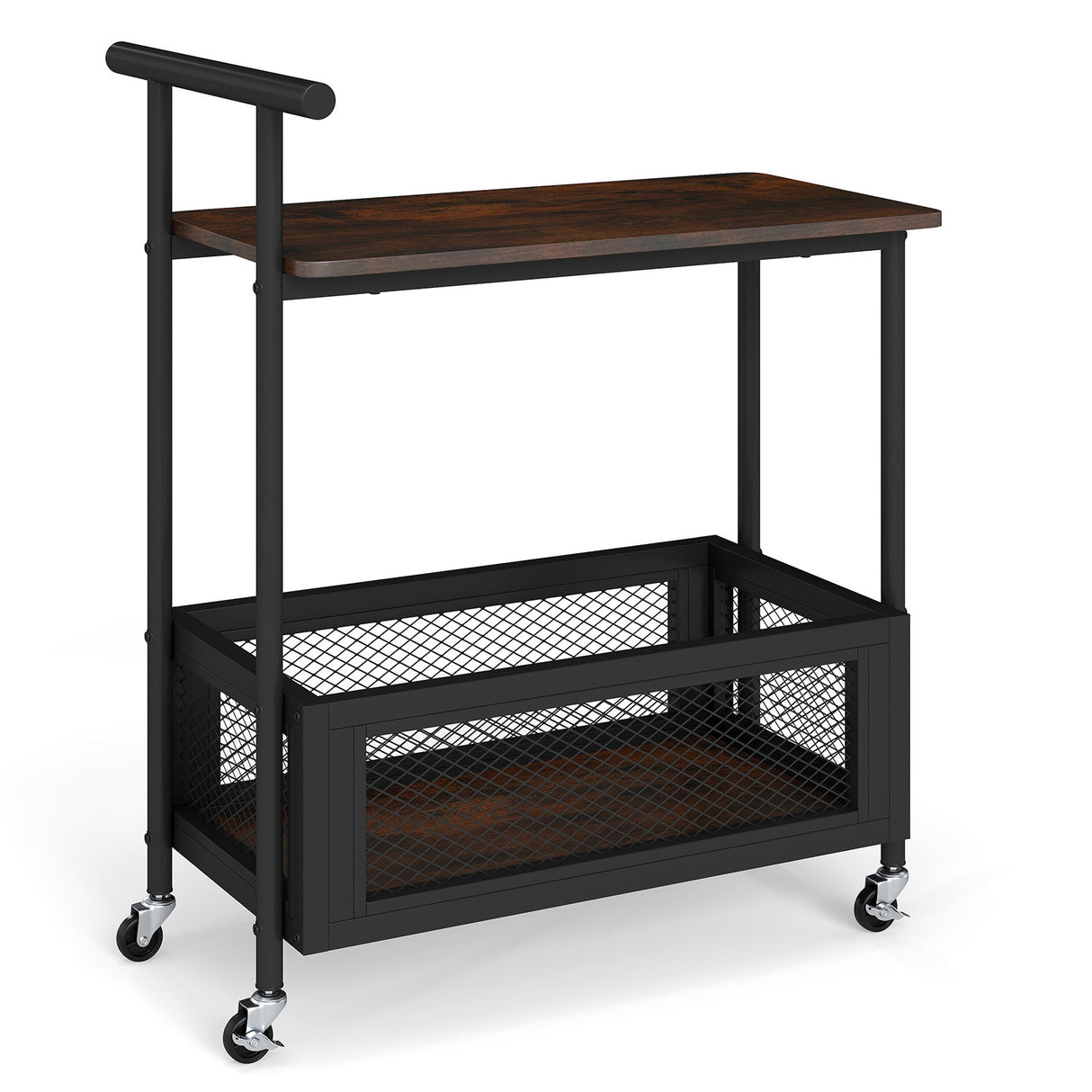 2-Tier Rolling End Table with Handle and Mesh Basket-Rustic Brown