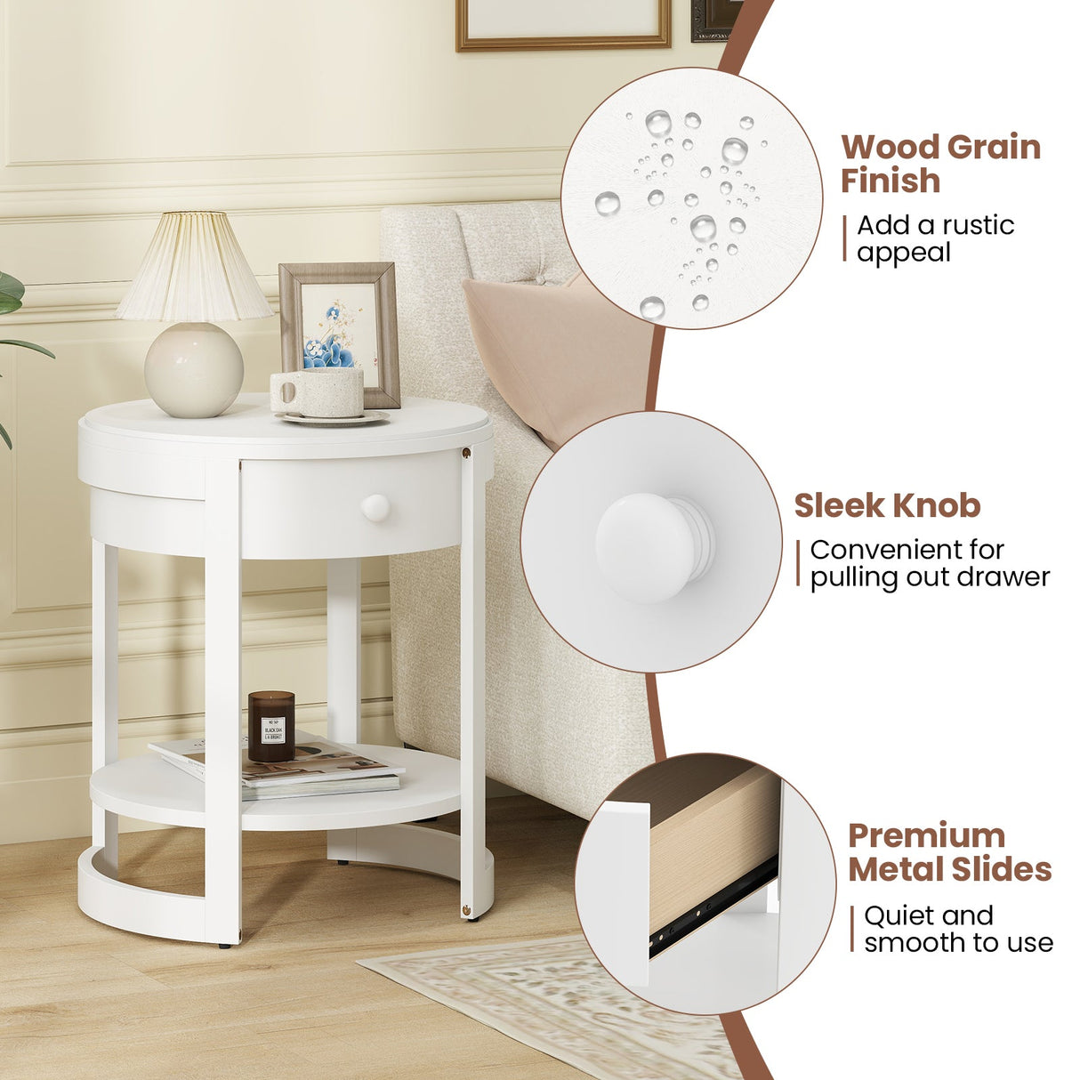 2-Tier Round End Table Mid Century Modern Nightstand with Drawer and Shelf