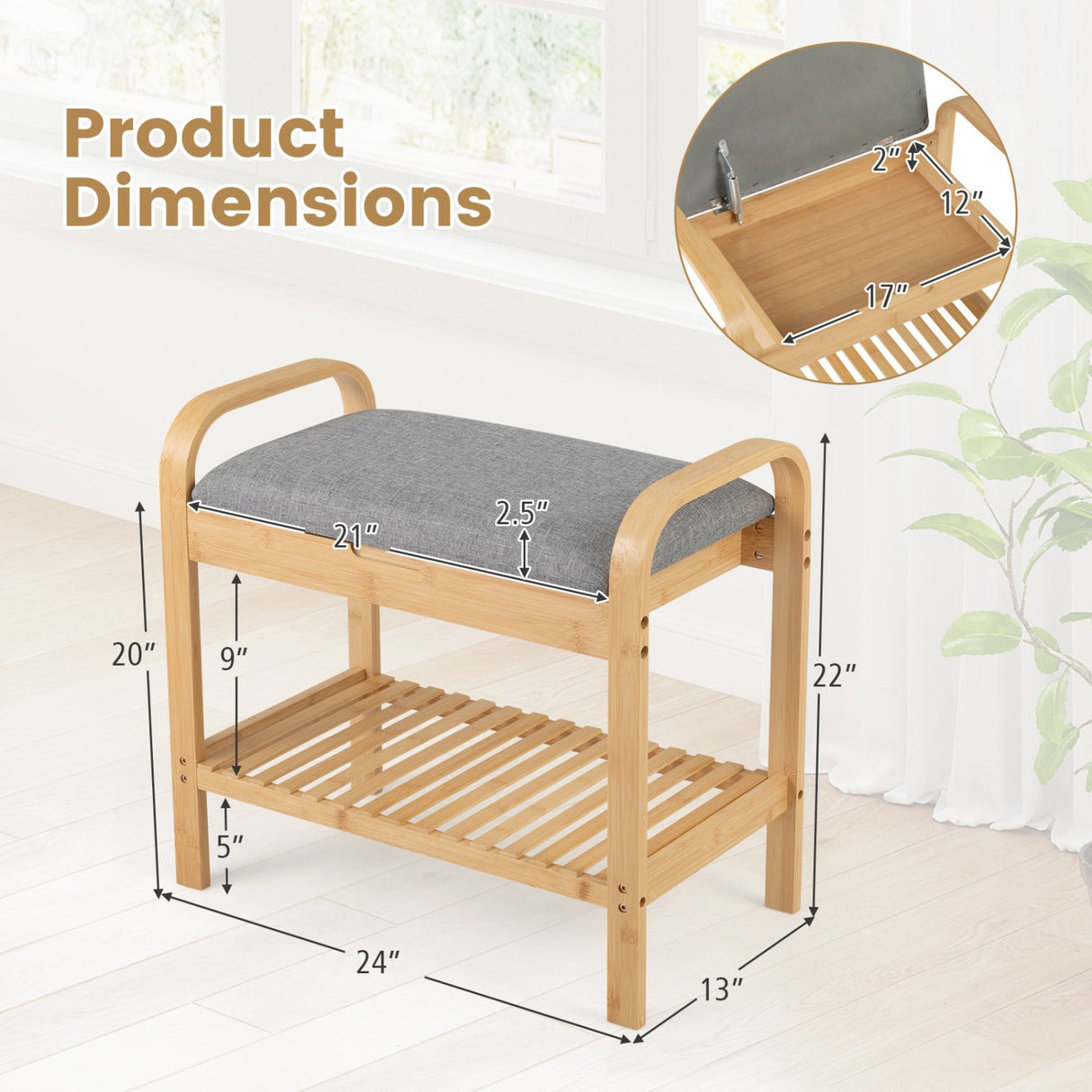 Zapatero de 2 niveles con asiento y almacenaje con tapa abatible - Natural