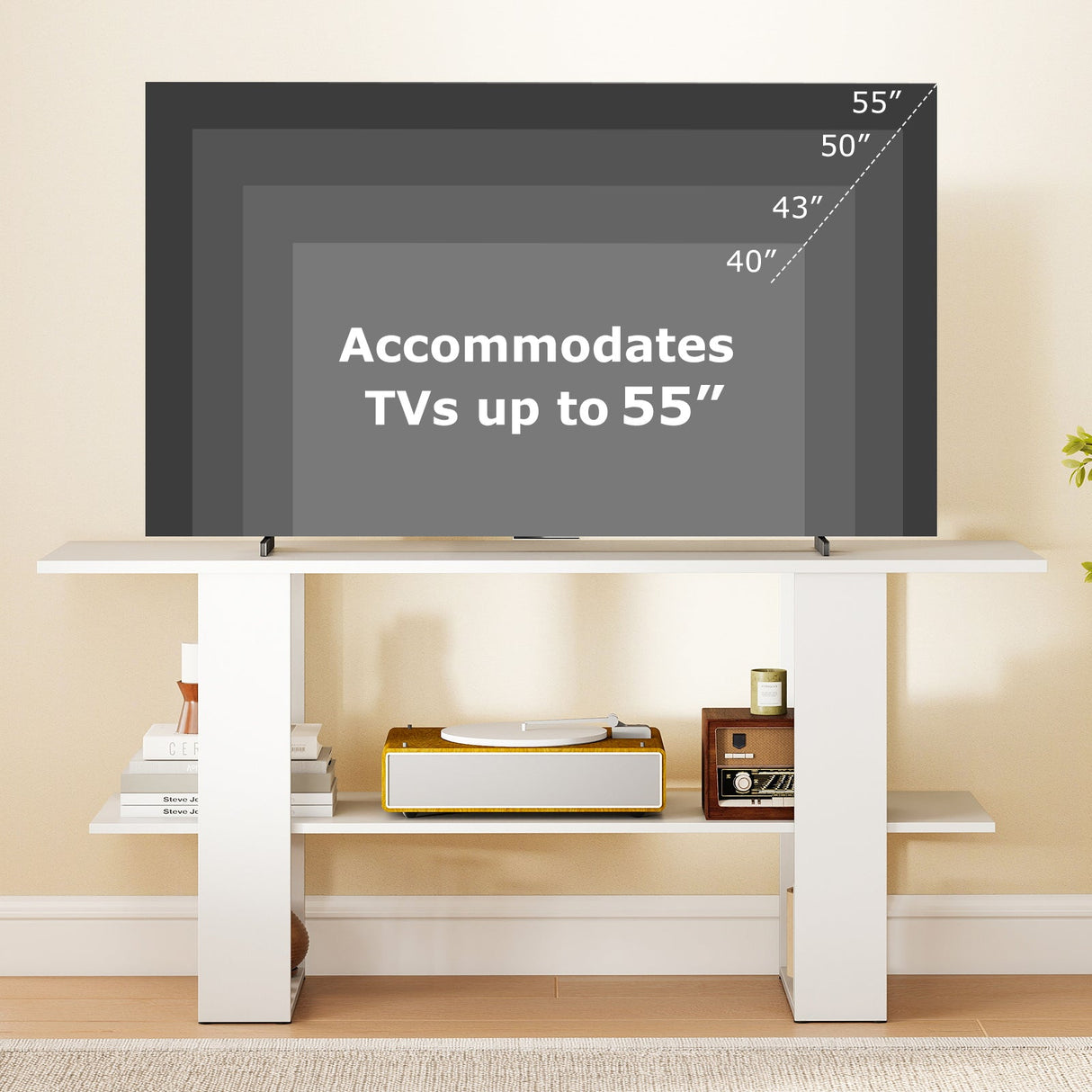 Mueble de TV de 2 niveles con almacenamiento para televisores de hasta 55 pulgadas, mesa consola con estante abierto