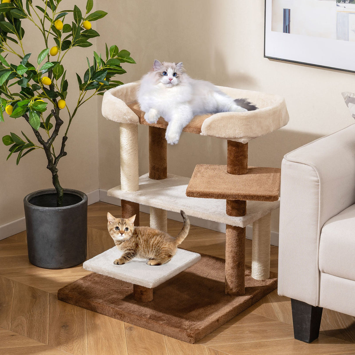 Torre de árbol para gatos 2 en 1, escalones para mascotas con postes rascadores de sisal y 4 plataformas grandes, marrón