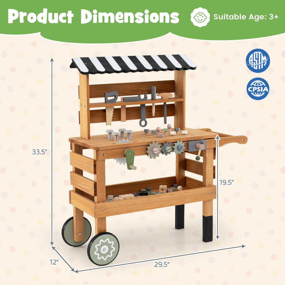 Carrito rodante 2 en 1 con juego de herramientas de juguete para niños para juegos de construcción-Marrón