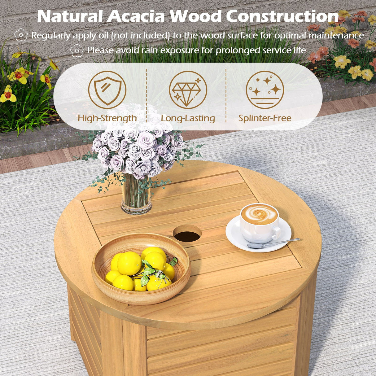 2-in-1 Outdoor Side Table with Storage Acacia Wood Slatted Coffee Table Square and Round Slatted End Storage Box