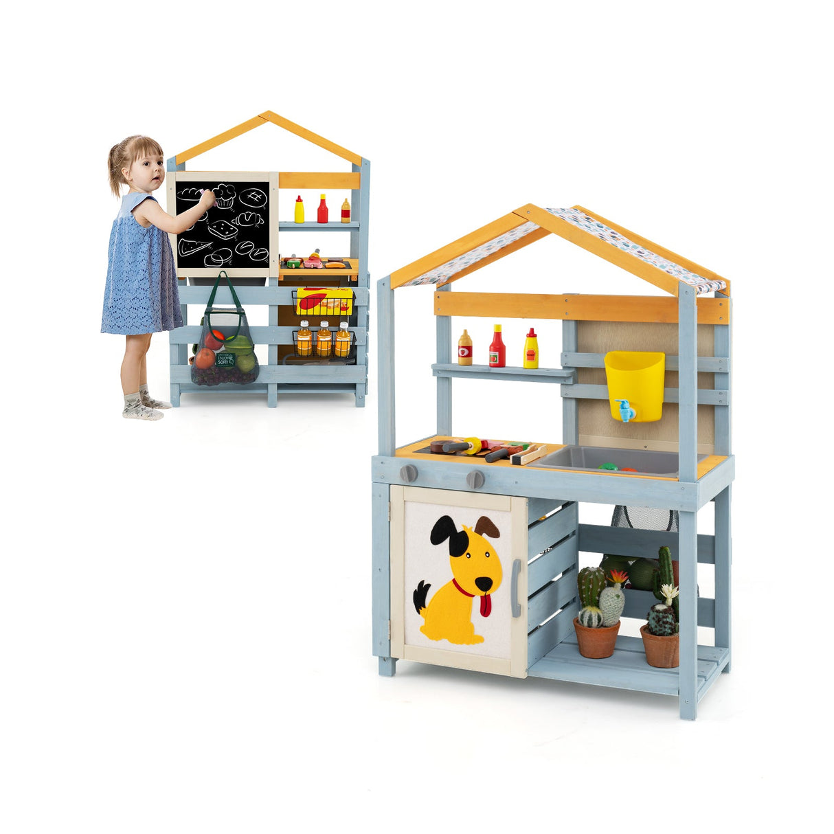 2 in 1 Wooden Mud Kitchen with Removable Water Box and Storage Bag-Gray