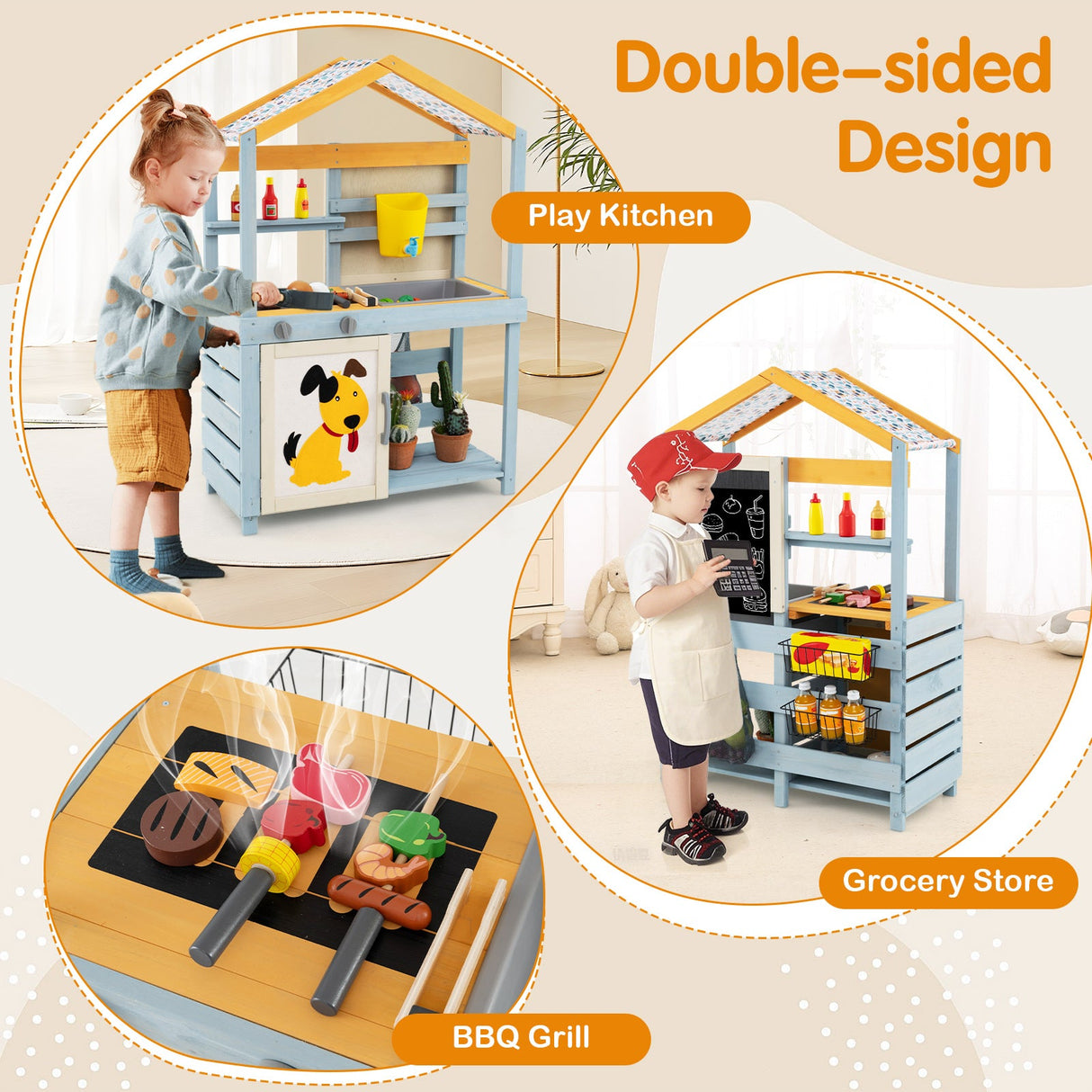 2 in 1 Wooden Mud Kitchen with Removable Water Box and Storage Bag-Gray