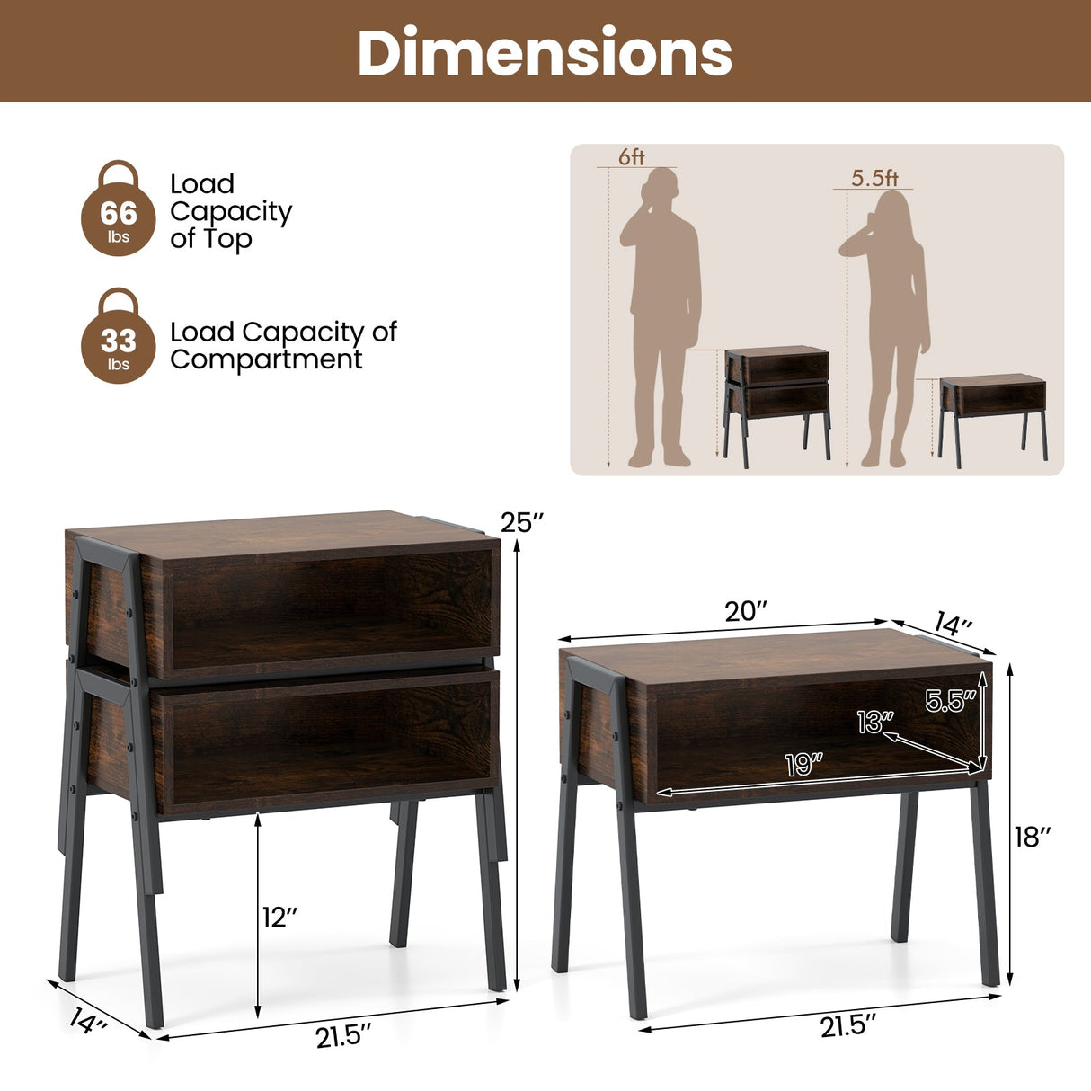 2 Pieces Stackable Night Stand Bedside End Table Set