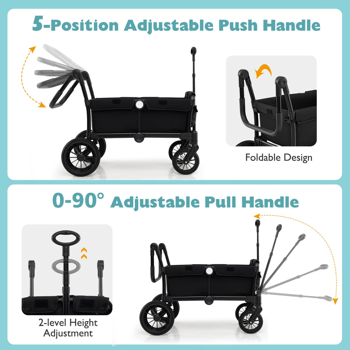 Cochecito/Carro Plegable de Empuje/Tire de 2 Plazas para Niños con Manillares Ajustables