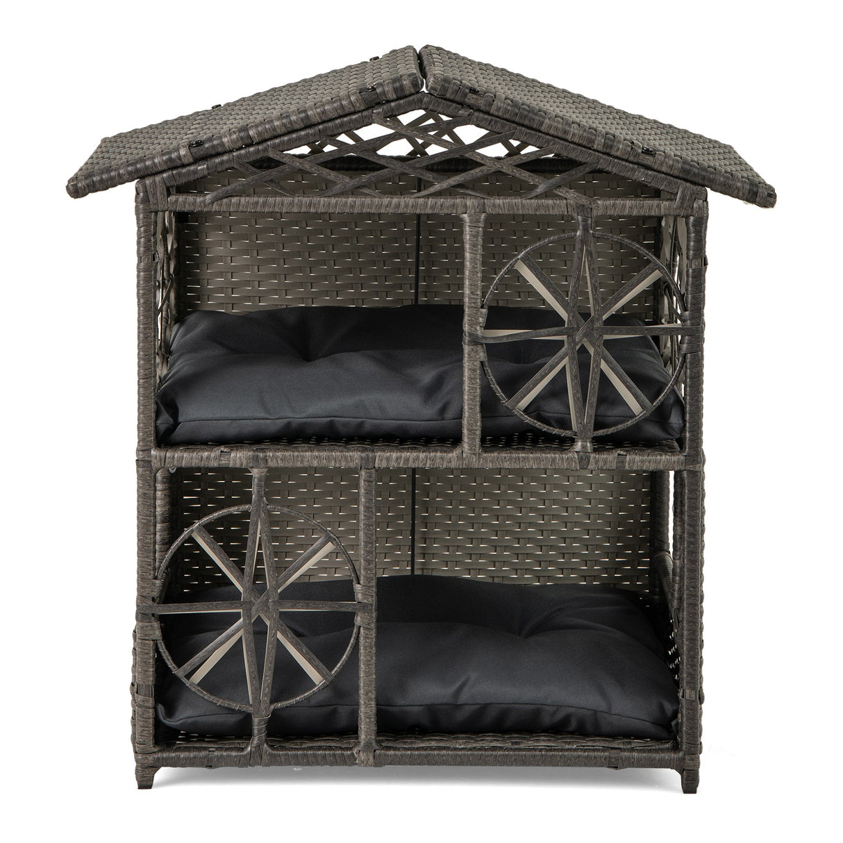 2-storey Wicker Cat House Rattan Kitten Condo Enclosure with Removable Cushions-Gray