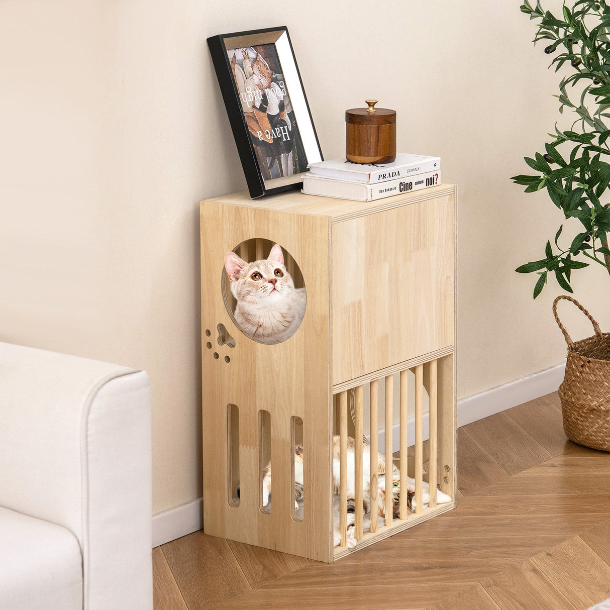 Condominio para Gatos de Madera de 2 Niveles para Interiores, Casa Simétrica para Gatos con Cojines Extraíbles