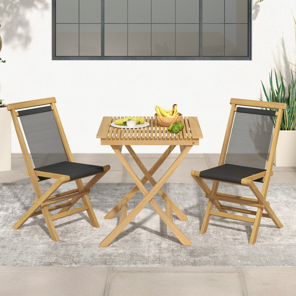 Juego de 2 sillas plegables de teca indonesia para patio, con asiento y respaldo de cuerda trenzada para porche, jardín o piscina.