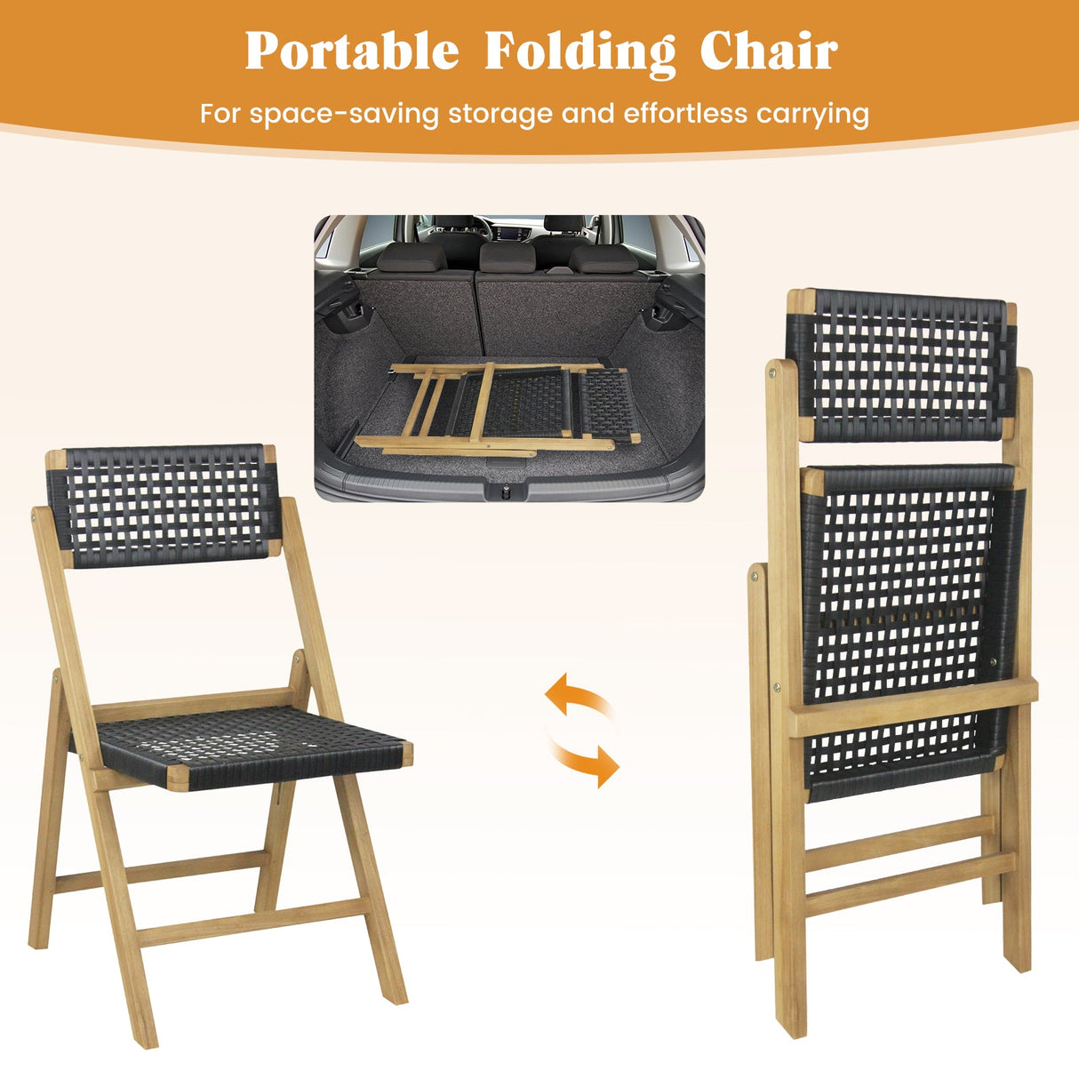 Juego de 2 sillas plegables de teca indonesia con asiento y respaldo de cuerda trenzada