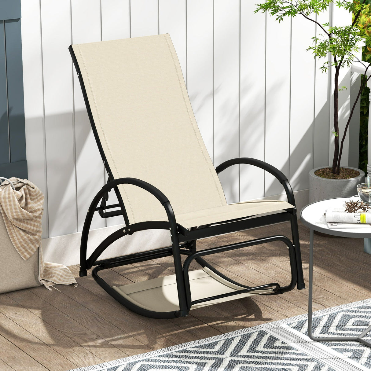 Sillón reclinable mecedora para exteriores 2 en 1 con respaldo ajustable de 4 posiciones para patio, porche y piscina