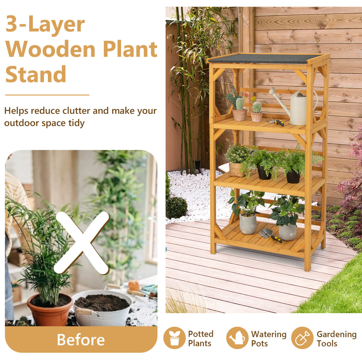 3-Tier Wooden Plant Stand with Weatherproof Asphalt Roof for Patio-Natural