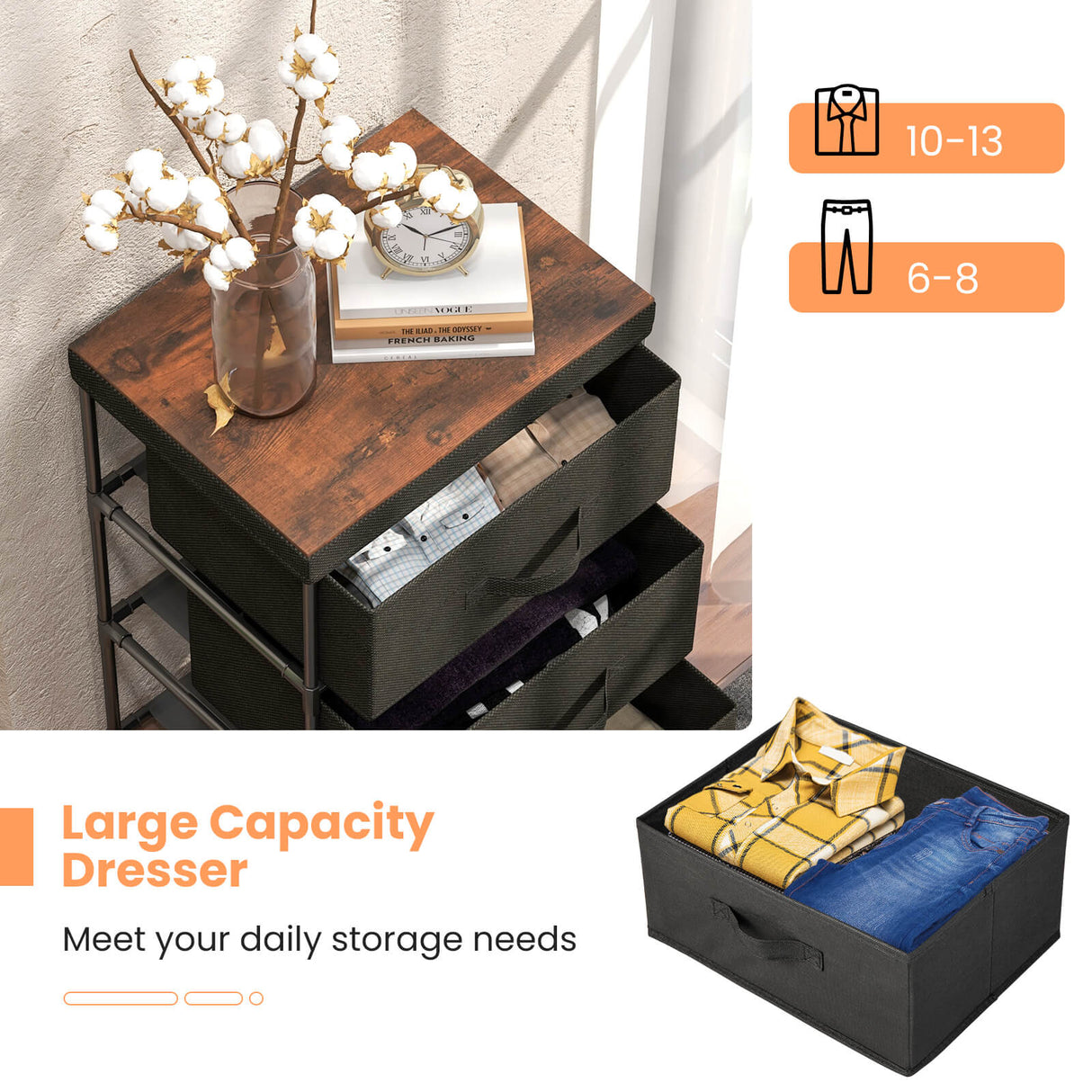 3-Tier Fabric Nightstand with Sturdy Metal Frame