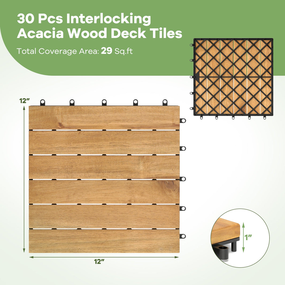 30 baldosas entrelazadas de 30 x 30 cm para terraza de madera de acacia con listones rectos-Natural