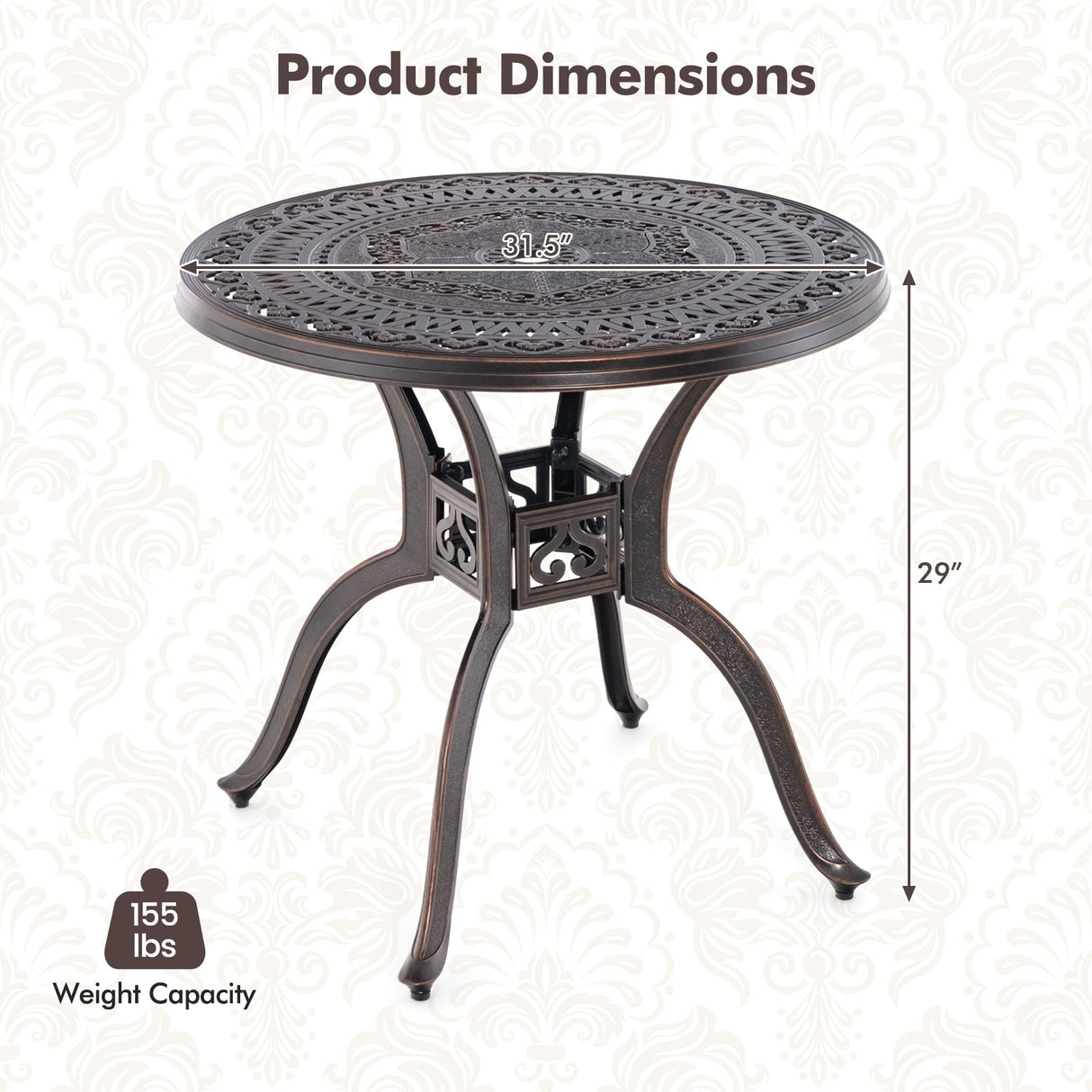 Mesa redonda de patio de aluminio fundido de 31.5 pulgadas con agujero para sombrilla - Cobre