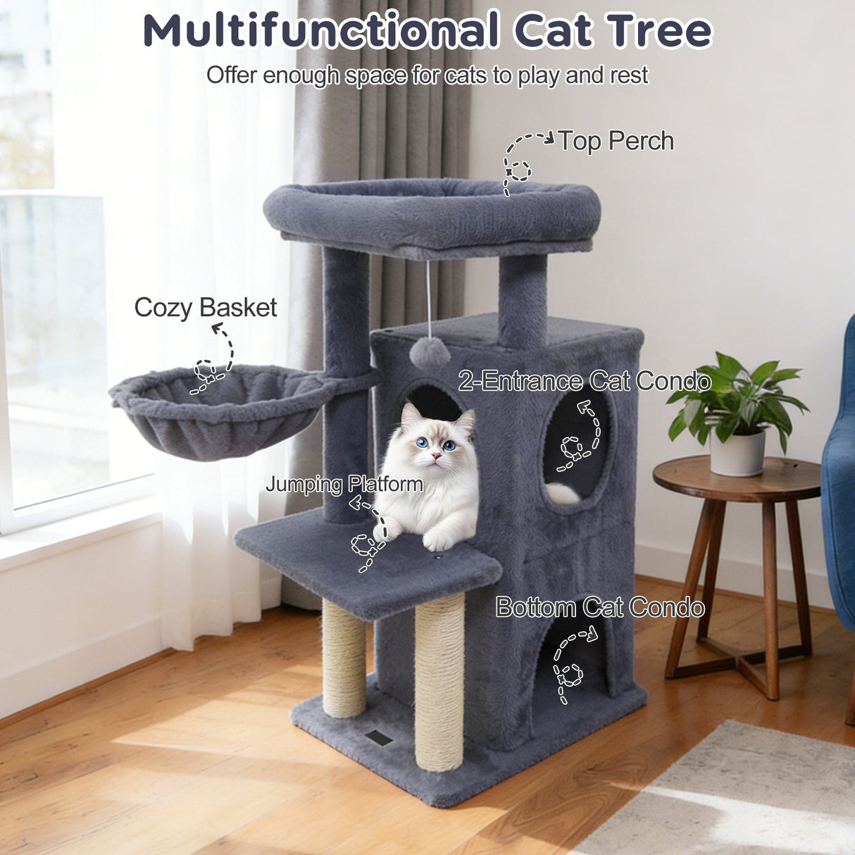 Torre para gatitos de 33.5 pulgadas con condominio de 2 niveles y percha superior acolchada