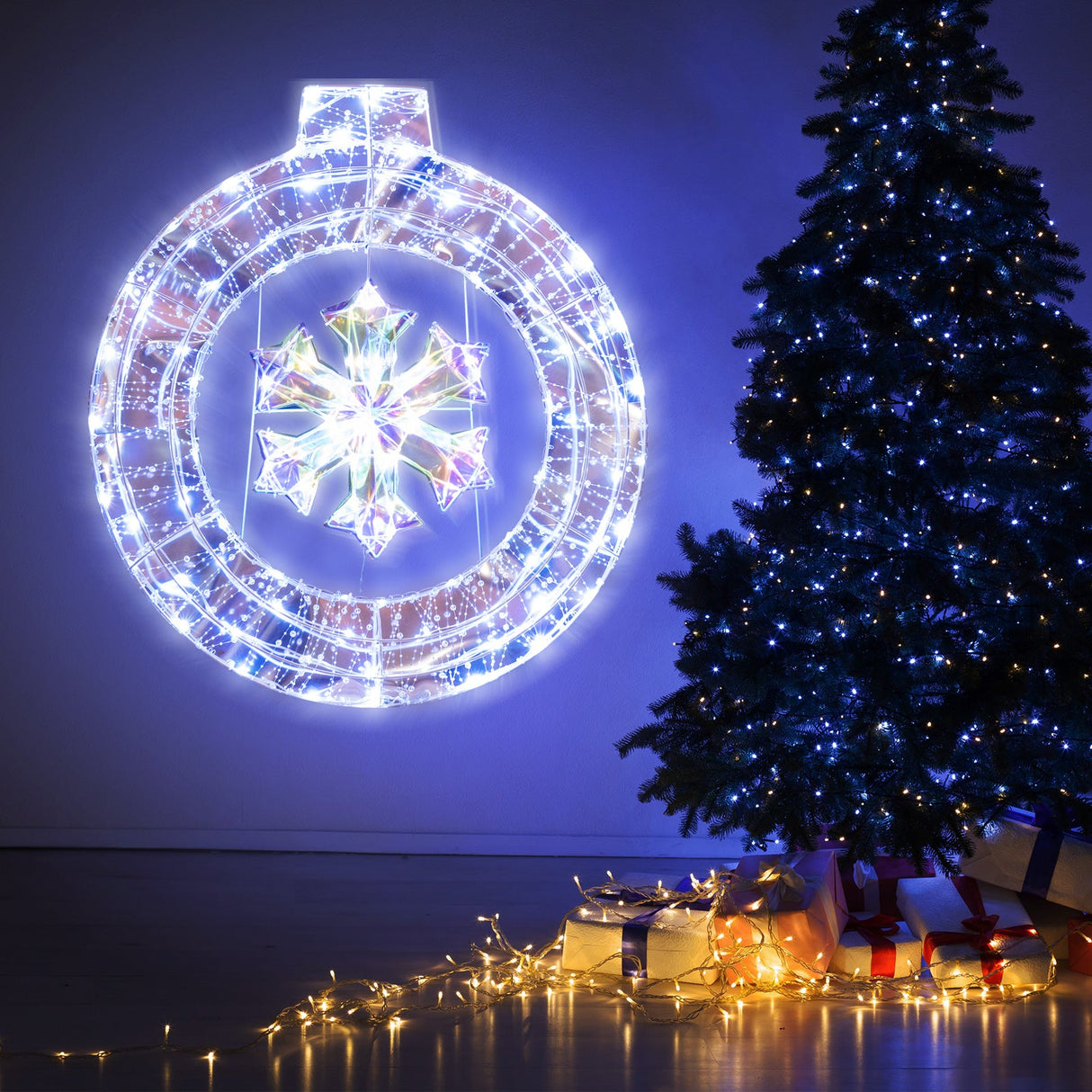 Guirnalda de copo de nieve iluminada de 33 pulgadas con anillo para colgar y soporte