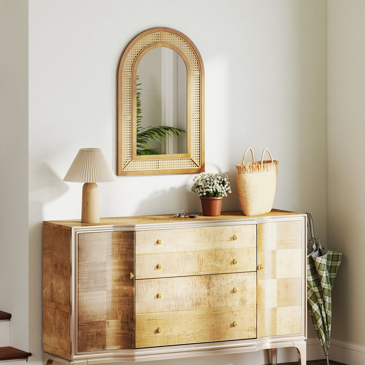 Espejo Decorativo de Pared de Ratán con Marco de Madera de 35.5 x 23.5 Pulgadas-Natural