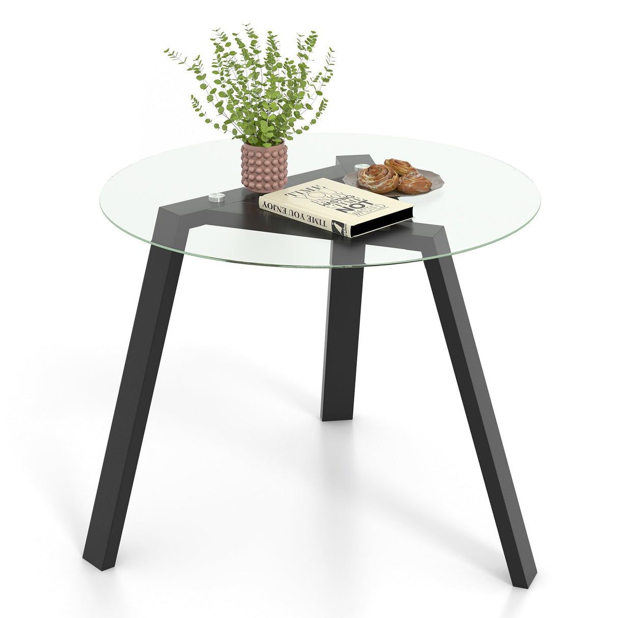 Mesa de comedor redonda de cristal de 36 pulgadas para 4 personas con estructura de madera de caucho