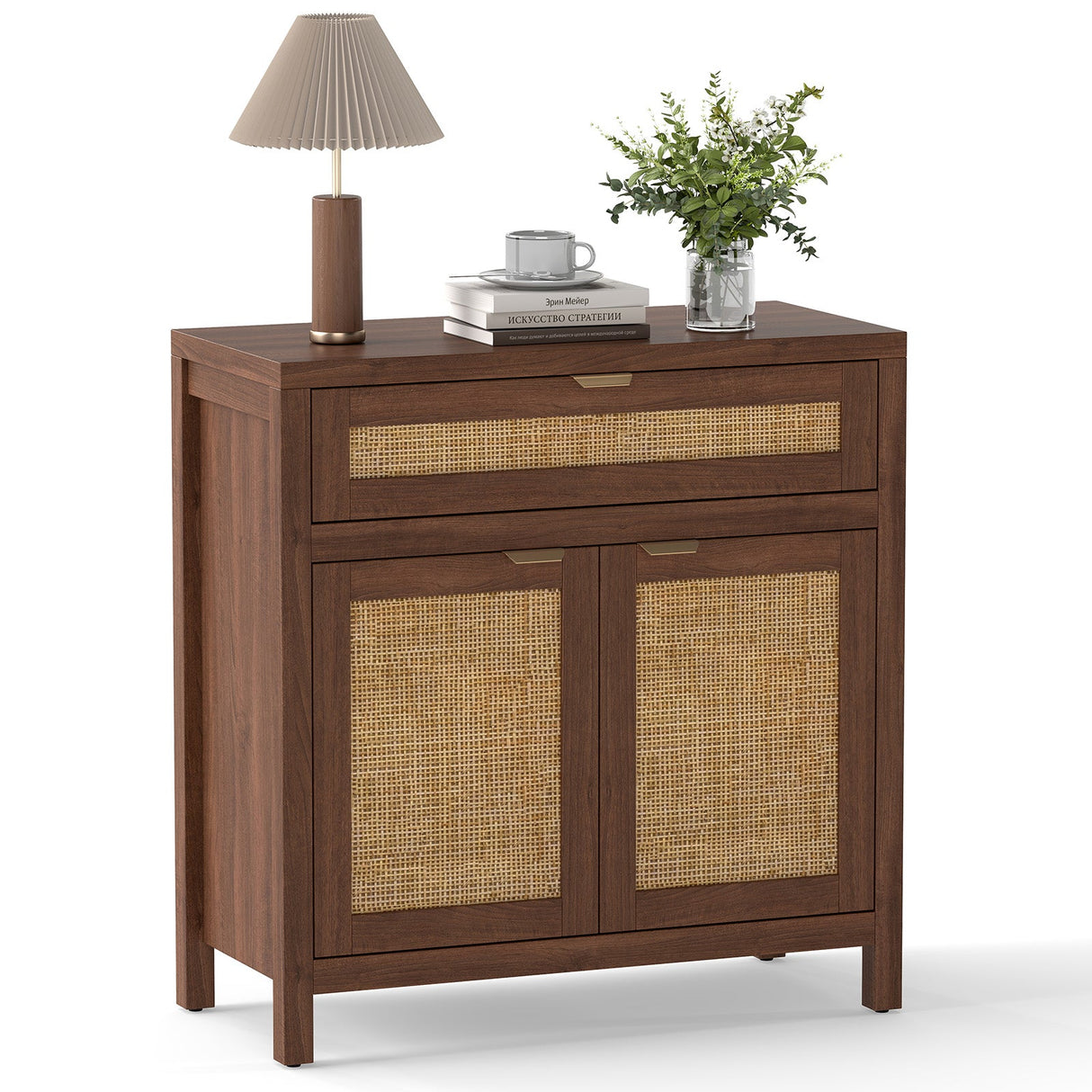 Mueble aparador con puertas de ratán y cajón - Marrón